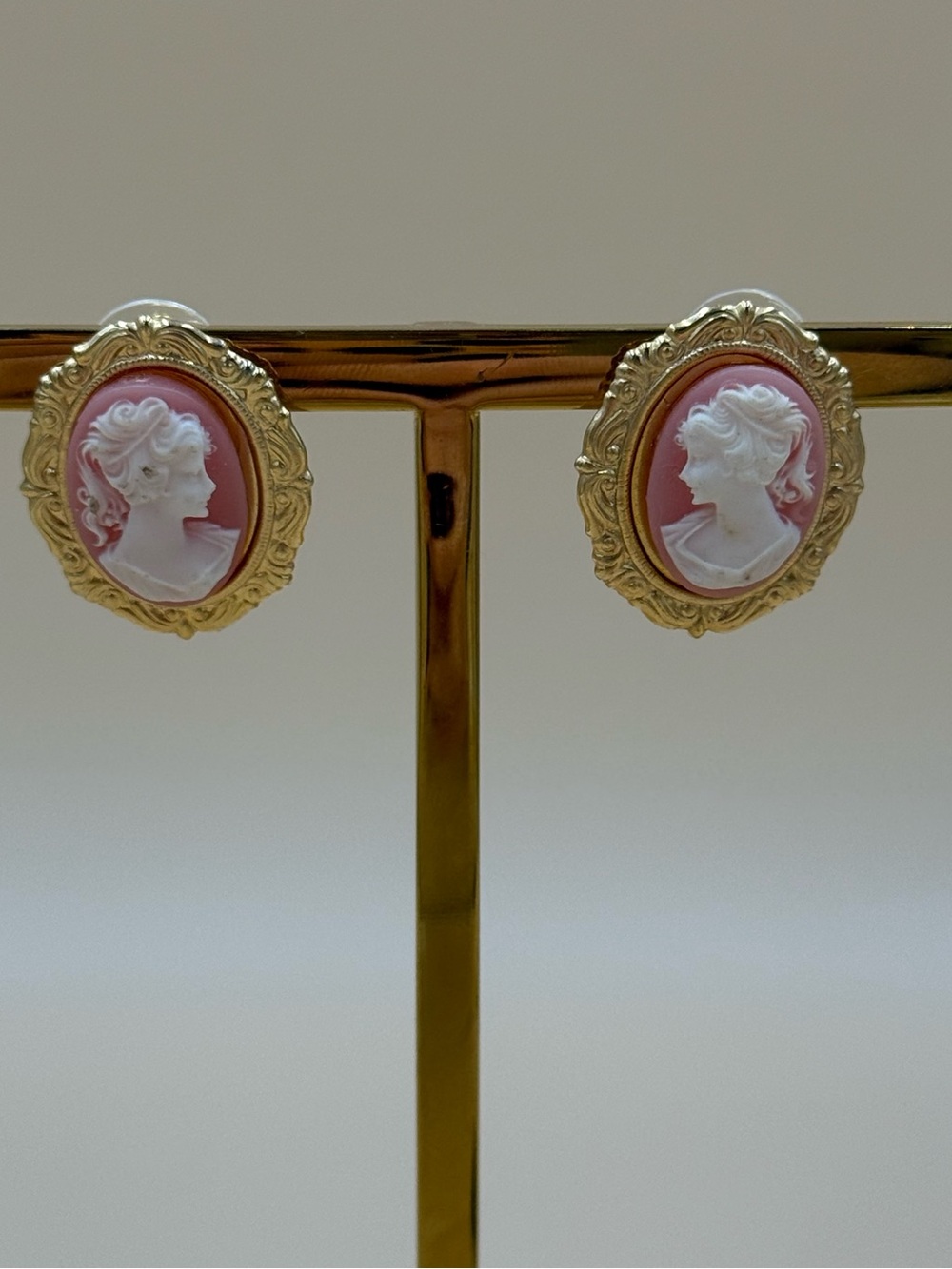 Pink Cameo Oval Stud Earrings with Gold Frame
